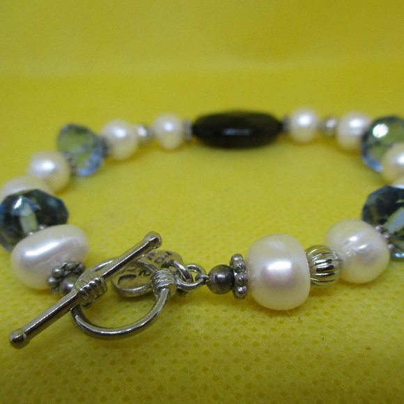 Genuine FRESH WATER PEARL Blue Faceted Crystal Bracelet Large Black Faceted Bead - Picture 8 of 13